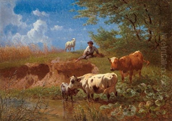 Hirte Mit Weidender Herde Oil Painting by Otto Friedrich Gebler