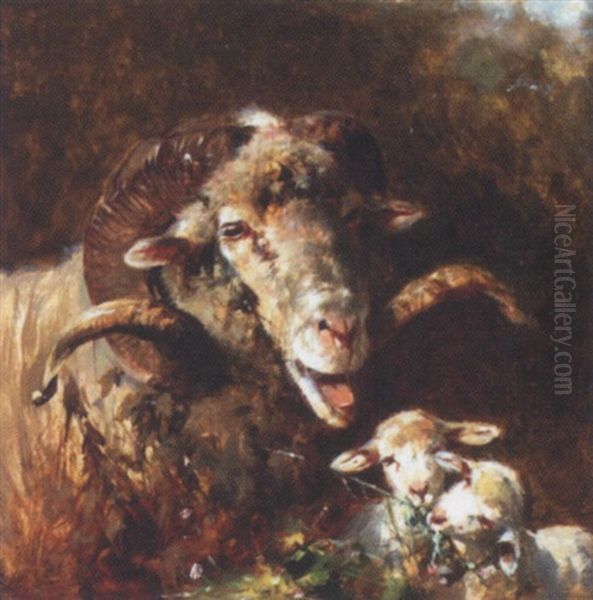 Ram And Two Lambs Oil Painting by Otto Friedrich Gebler