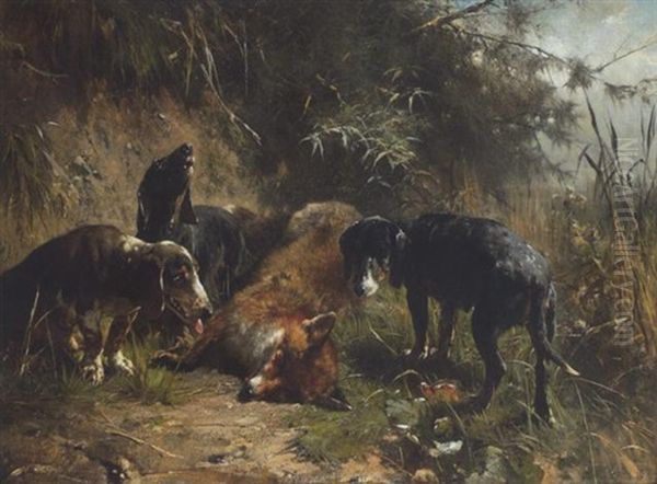 Drei Jagdhunde Bei Einem Erlegten Fuchs Oil Painting by Otto Friedrich Gebler