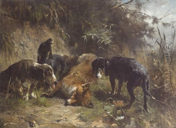 Drei Jagdhunde Bei Einem Erlegten Fuchs Oil Painting by Otto Friedrich Gebler