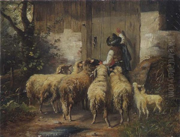 Huterbub Mit Schafen Vor Der Stalltur Oil Painting by Otto Friedrich Gebler