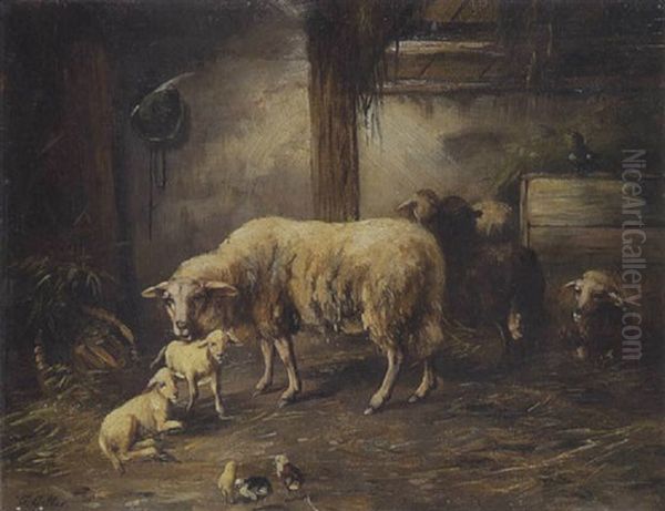 Schafe Und Lammer Im Stall Oil Painting by Otto Friedrich Gebler