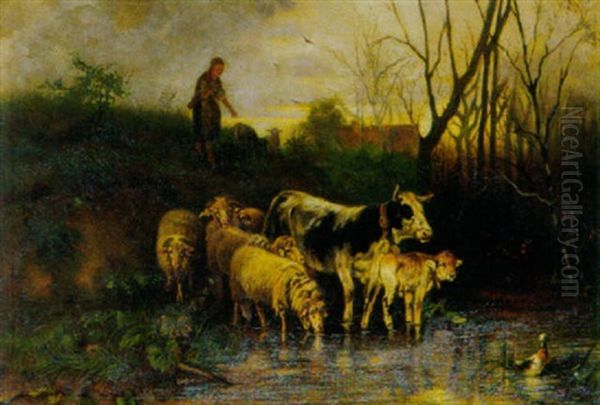 Hirtin Mit Schafen Und Kuhen Am Teich Oil Painting by Otto Friedrich Gebler