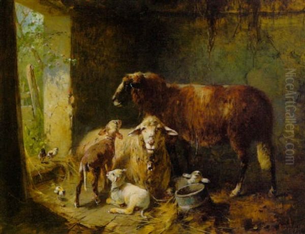 Fruhling - Schafe Mit Ihren Lammchen Und Kuken Im Stall Oil Painting by Otto Friedrich Gebler