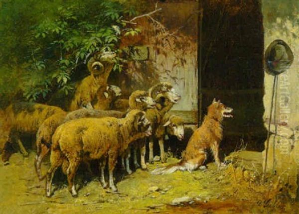 Heimkehrende Schafe Und Hund Vor Dem Stall Oil Painting by Otto Friedrich Gebler