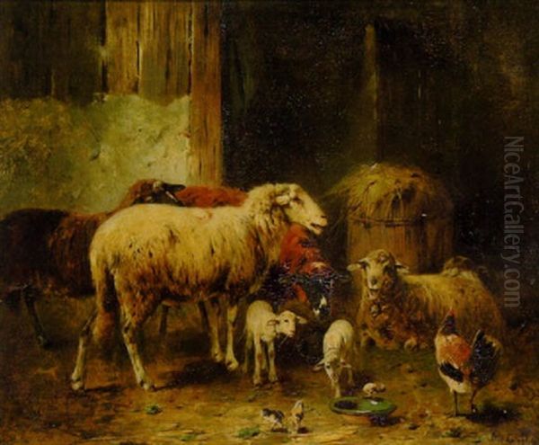 Schafe, Lammer, Huhn Und Kuken Im Stall Oil Painting by Otto Friedrich Gebler