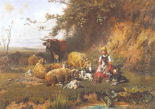 Madchen Mit Schafen Oil Painting by Otto Friedrich Gebler