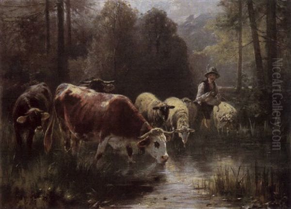 Huterbub Mit Vieh An Der Tranke Des Waldweihers Oil Painting by Otto Friedrich Gebler