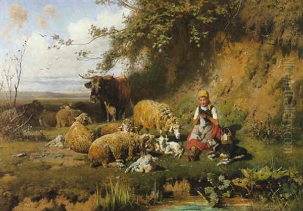 Madchen Mit Schafen Oil Painting by Otto Friedrich Gebler