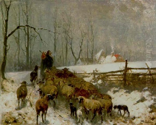 Schafer Mit Seiner Herde In Winterlandschaft Oil Painting by Otto Friedrich Gebler