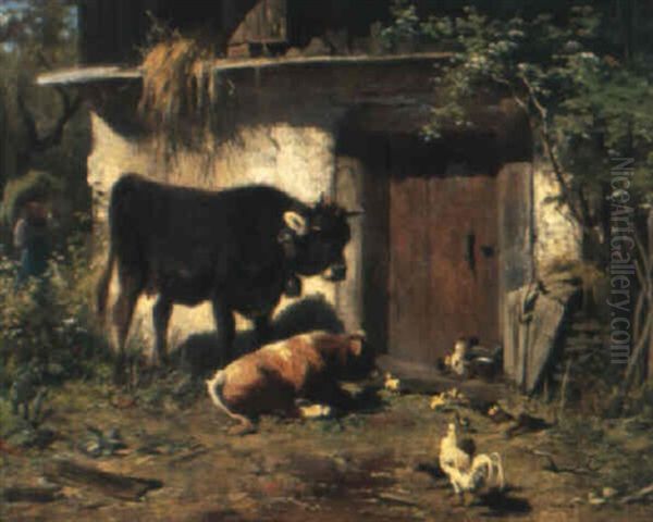 Vieh Vor Der Stallt_re Oil Painting by Otto Friedrich Gebler