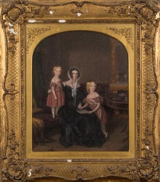 A Mother And Two Children On A Chaise In A Salon Interior Oil Painting by Andrew Geddes