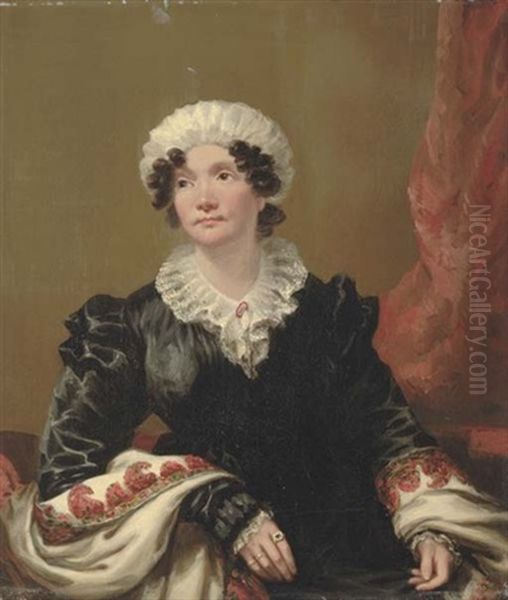 Portrait Of A Lady, Seated, In A Black Dress With Shawl And White Mob Cap Oil Painting by Andrew Geddes