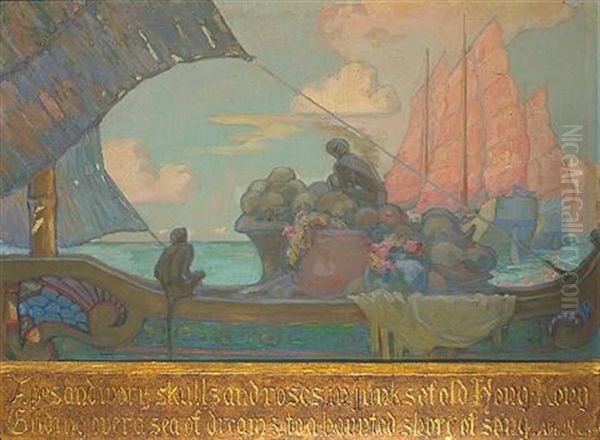 Apes And Ivory, Skulls And Roses, In Junks Of Old Hong-kong Gliding Over A Sea Of Dreams To A Haunted Shore Of Song Oil Painting by Frances M. Geddes