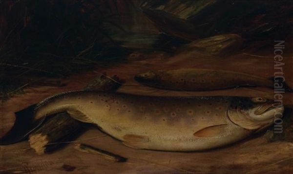 Trout On A River Bank Oil Painting by William Geddes