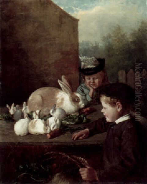 Children Feeding A Family Of Rabbits Oil Painting by William Geddes