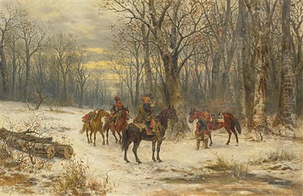 Polnische Husaren Und Meldereiter Im Winterwald Oil Painting by Ludwig Gedlek