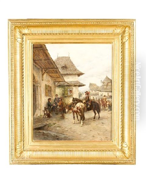 Historical Village Scene With Horses And Curassiers Oil Painting by Ludwig Gedlek