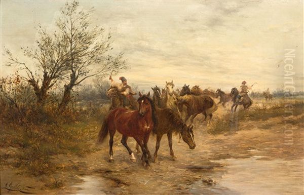 Konie Na Puszcie Oil Painting by Ludwig Gedlek