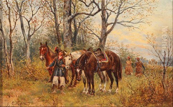 Patrol Of Cossacks Oil Painting by Ludwig Gedlek