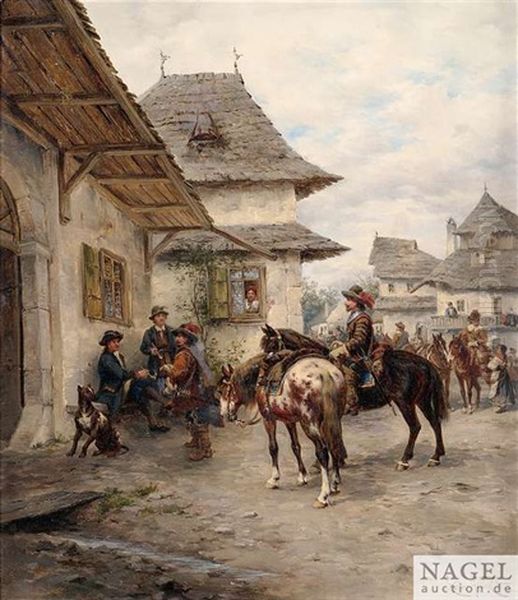 Berittene Soldaten Auf Der Dorfstrase Oil Painting by Ludwig Gedlek