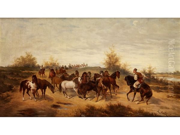 Pferdetreiber Auf Einem Weg Oil Painting by Ludwig Gedlek