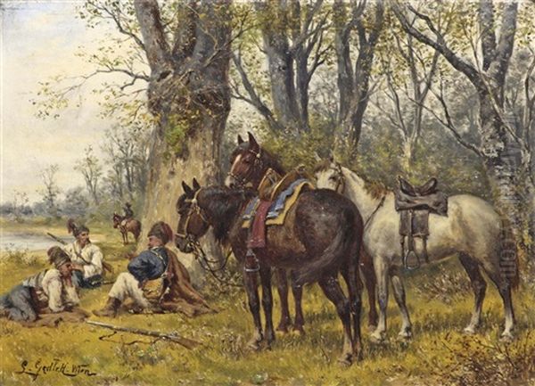 Hussars On Patrol In A Wooded Landscape Oil Painting by Ludwig Gedlek