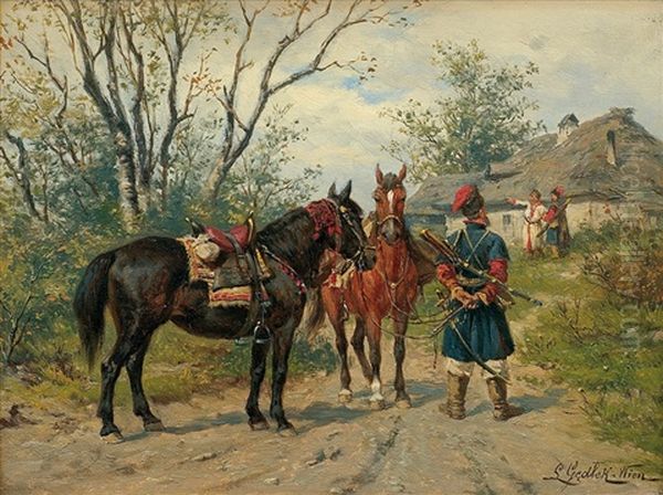 Patrol. Asking The Way Oil Painting by Ludwig Gedlek