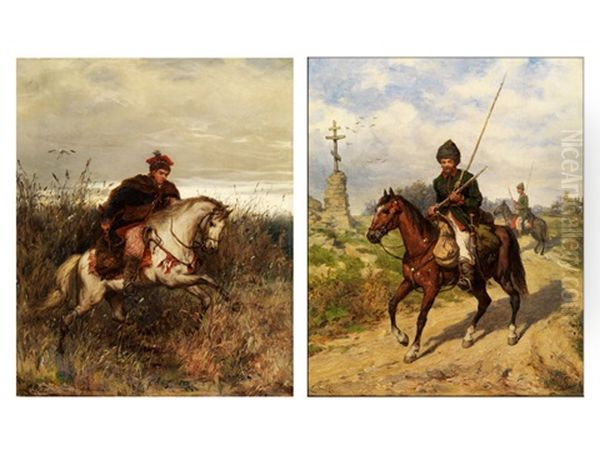 Gemaldepaar: Polnische Und Russische Militarreiter In Landschaft (pair) by Ludwig Gedlek