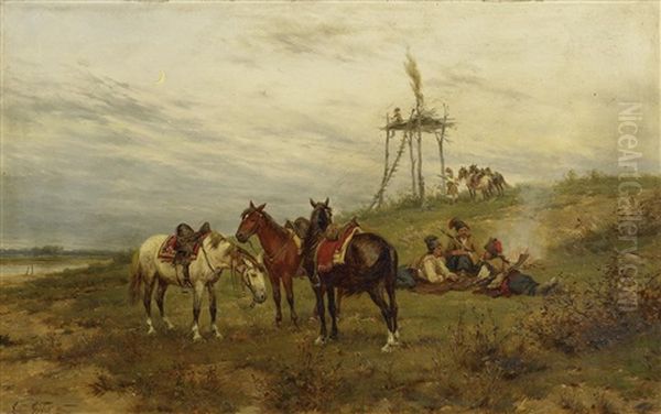 Kosaken Auf Vorposten Oil Painting by Ludwig Gedlek