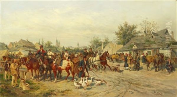 Pa Vag Till Marknaden - I Bakgrunden Staden Krakow, Med Bland Annat Mariakyrkans Torn Oil Painting by Ludwig Gedlek