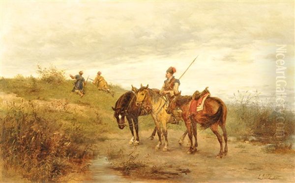 Carga De Caballeria - Patrulla De Reconocimiento (pair) Oil Painting by Ludwig Gedlek