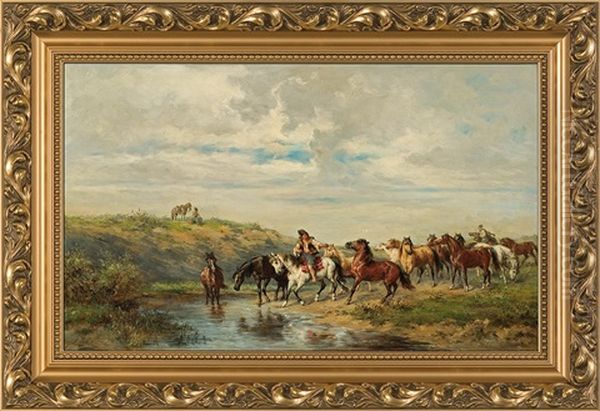 Cossacks Hurrying Horses Oil Painting by Ludwig Gedlek