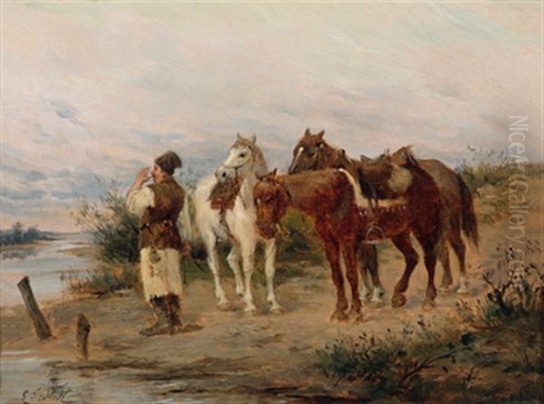 An Der Uberfuhr Oil Painting by Ludwig Gedlek