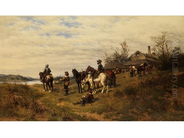 Reiter Bei Der Rast Vor Tiefer Landschaft Oil Painting by Ludwig Gedlek