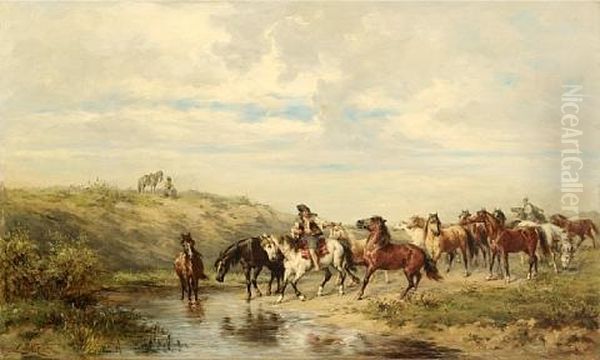 Chevaux A L'abreuvoir by Ludwig Gedlek