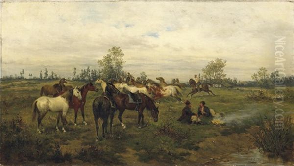 Abend In Der Puszta. Husaren Treiben Eine Herde Pferde An Oil Painting by Ludwig Gedlek