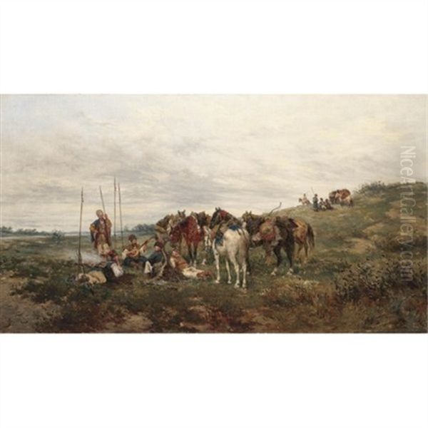 Cossack Encampment Oil Painting by Ludwig Gedlek