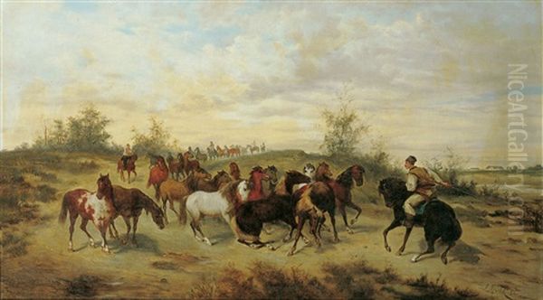 Berittene Pferdehirten In Der Ungarischen Puszta Oil Painting by Ludwig Gedlek