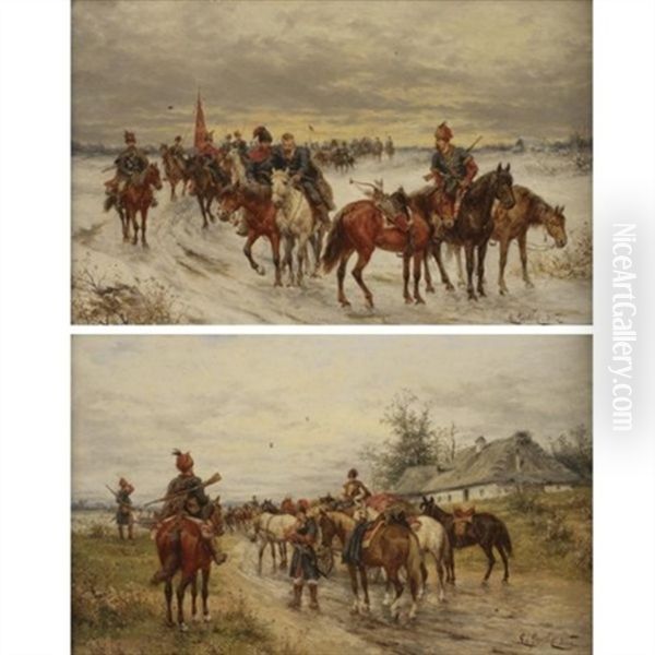 Mounted Cossacks (pair) Oil Painting by Ludwig Gedlek