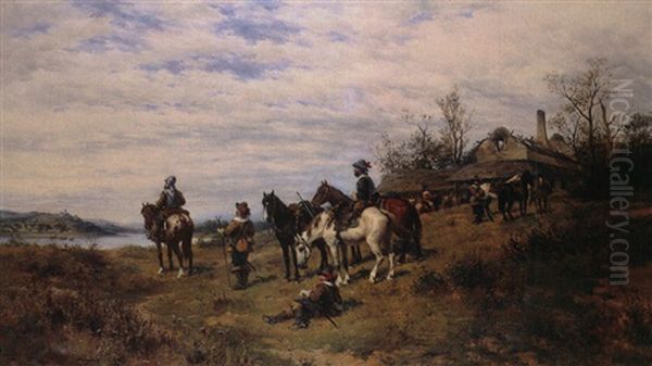 Reiter Be Der Rast Vor Tieder Landschaft by Ludwig Gedlek