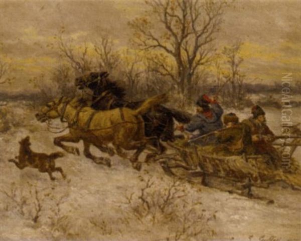 Hunters On The Scent In A Winter Landscape Oil Painting by Ludwig Gedlek