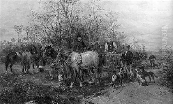 Hungarian Sportmen And Dogs Resting During The Hunt Oil Painting by Ludwig Gedlek