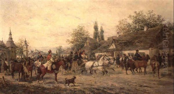 Kutschenfahrt In Einem Ungarischen Dorf Oil Painting by Ludwig Gedlek