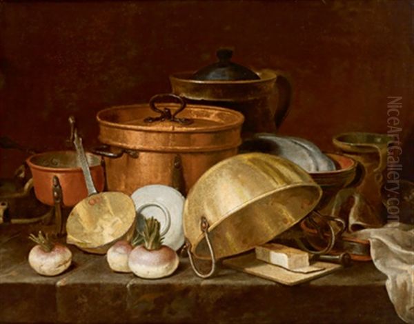 Zwei Stillleben Mit Kuchengeschirr Aus Kupfer Und Messing Sowie Tellern Mit Fleisch Und Wursten (pair) Oil Painting by Thomas Friedrich Gedon