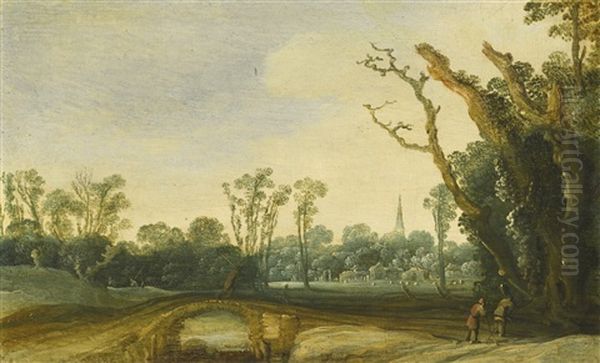 A Wooded Landscape With Figures On A Path Crossing A Bridge, A Village And A Church Spire Beyond Oil Painting by Jacob van Geel