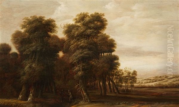 A Wooded Landscape With Travellers Oil Painting by Jacob van Geel