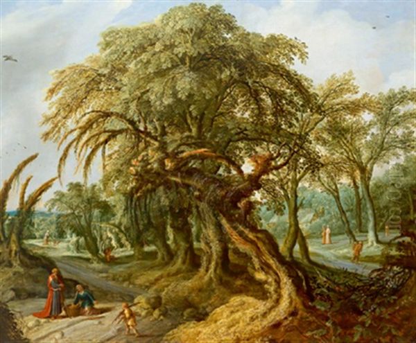 Bewaldete Landschaft Mit Einer Machtigen Baumgruppe In Der Bildmitte, Links Unten Im Bild Der Prophet Elija Und Die Witwe Von Sarepta Oil Painting by Jacob van Geel