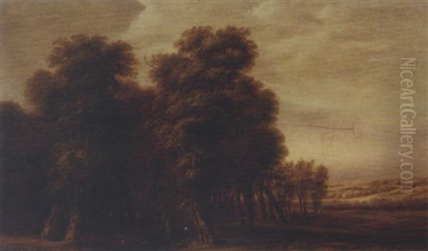 A Wooded Landscape With Travellers On A Path Oil Painting by Jacob van Geel