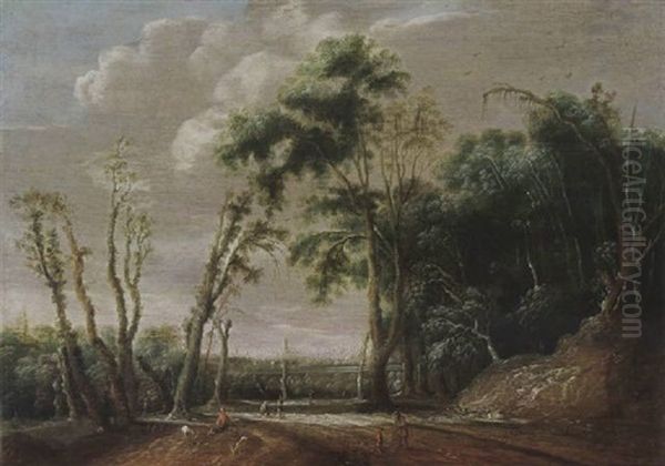 A Wooded Landscape With Figures On A Path And A Shepherd Resting With His Flock, A View Of A Valley With A Town Beyond Oil Painting by Jacob van Geel